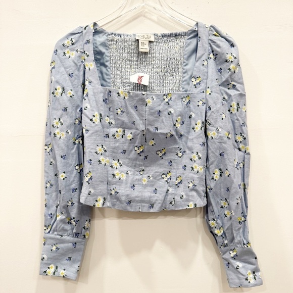 Rachel Zoe Tops - Rachel Zoe Square Neck Long Puff Sleeve Floral Top Linen Blend Smocked Back XS
